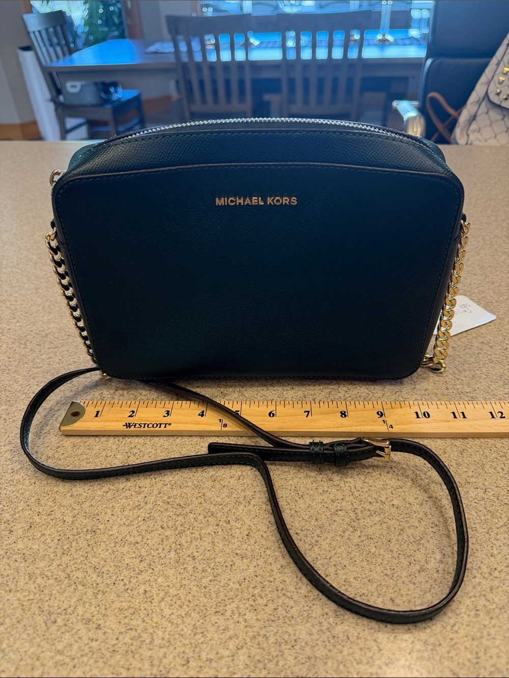 Michael Kors dark green Saffiano Leather Gold Chain-Accent Crossbody